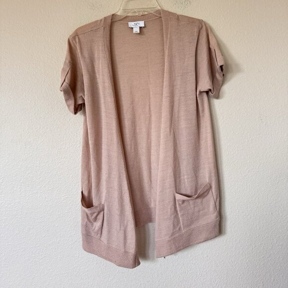 LOFT Women Lightweight Open Front Short Sleeve Jersey Tan Cardigan Medium Petite - Picture 1 of 6